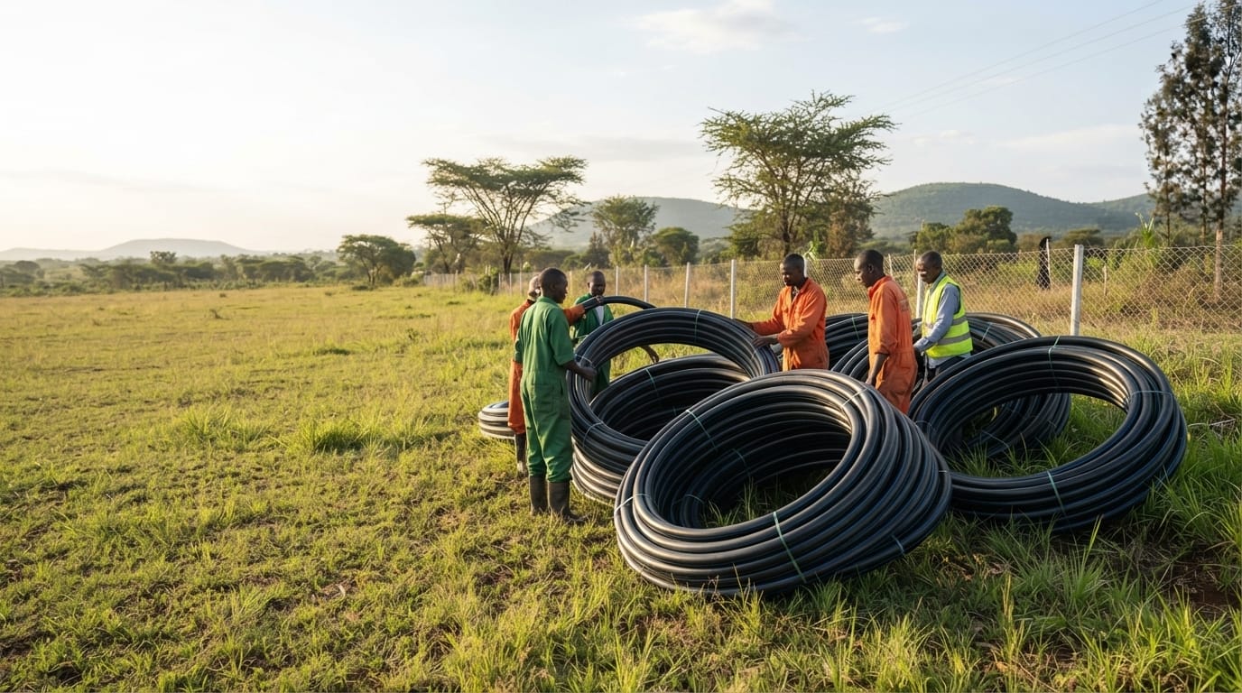 Coils of Linia HDPE pipe delivered to site in upcountry Kenya